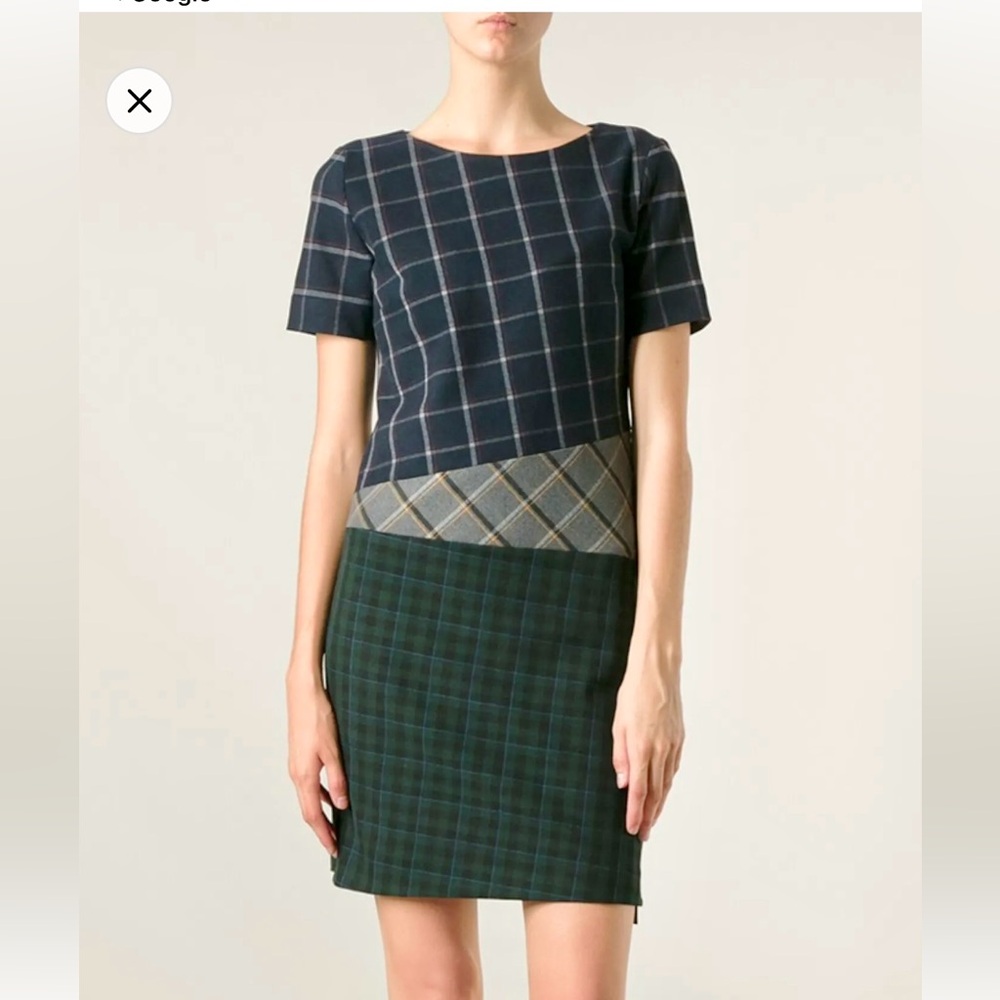 Band of Outsiders Navy Green Plaid Short Sleeve Shift Dress – US 2
